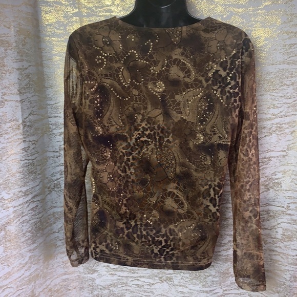 Script Brown Floral Glittery Print Long Sleeve Semi-Sheer blouse - Picture 7 of 10